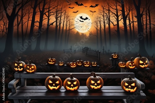 Spooky Halloween night forest with carved pumpkins bats moon and dead tree photo