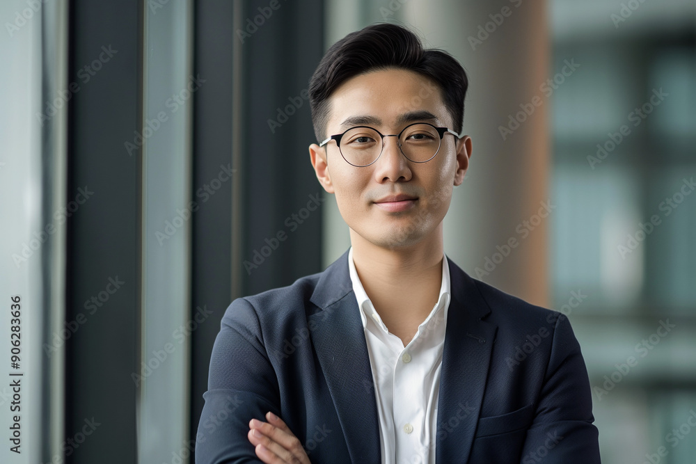 photo of happy young handsome asian businessman in a suit smiling friendly into the camera photo of happy young handsome asian businessman in a suit smiling friendly into the camera