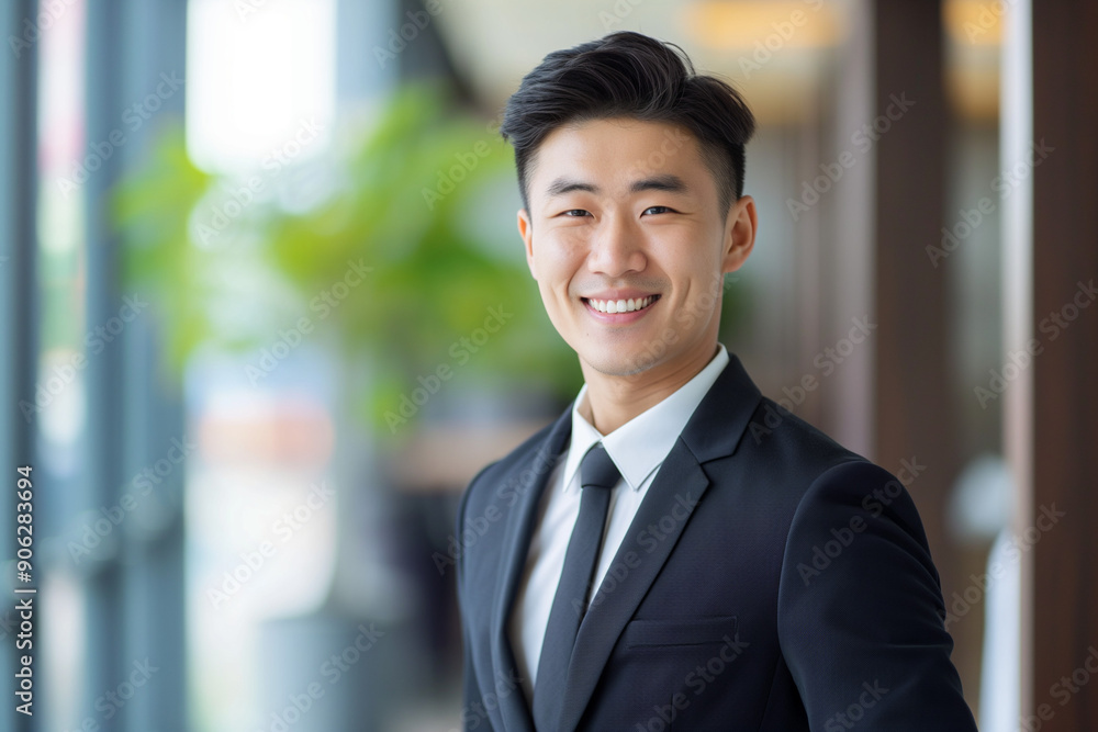 photo of happy young handsome asian businessman in a suit smiling friendly into the camera photo of happy young handsome asian businessman in a suit smiling friendly into the camera