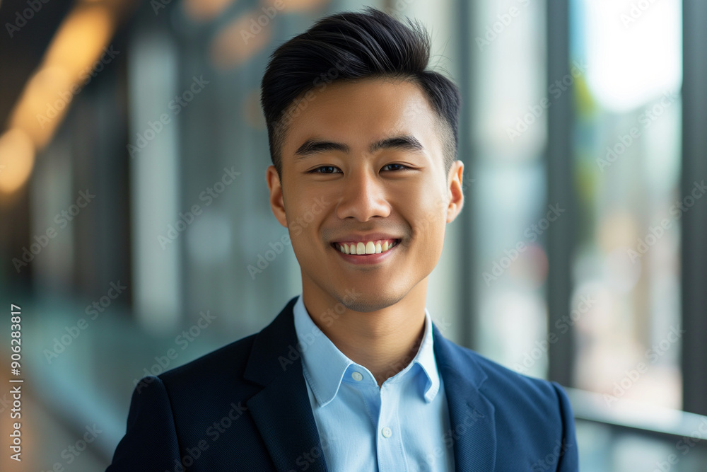 photo of happy young handsome asian businessman in a suit smiling friendly into the camera photo of happy young handsome asian businessman in a suit smiling friendly into the camera