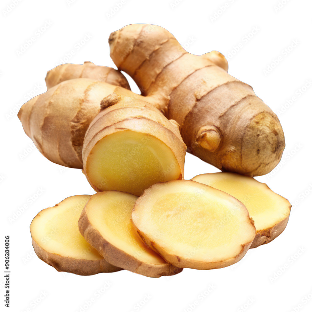Fresh ginger rhizome with sliced isolated on transparent background Fresh ginger rhizome with sliced isolated on transparent background