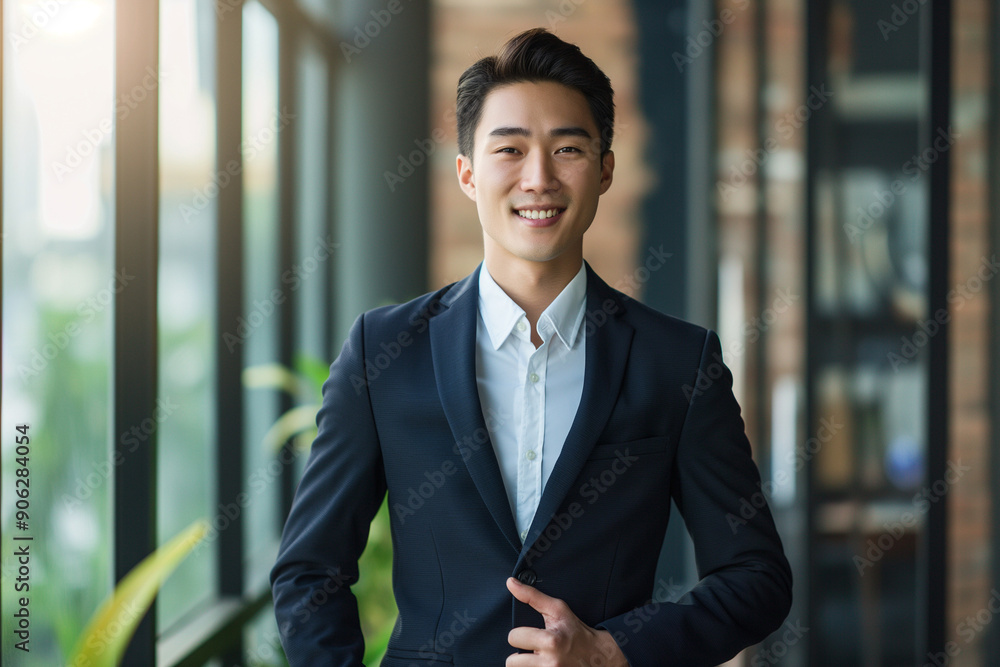 happy young asian businessman in a suit smiling proudly into the camera happy young asian businessman in a suit smiling proudly into the camera