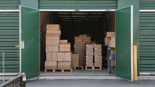 A storage units open green door reveals stacked cardboard boxes inside, with additional boxes on a cart in the foreground, indicating organization photo