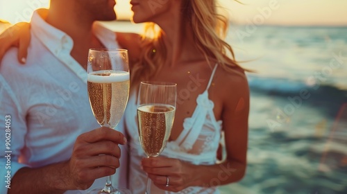 A couple in love celebrates their engagement on the seashore A beautiful couple drinks champagne by the sea Honeymoon trip Lovers on the beach Wedding travel Couple on vacation Copy sp : Generative AI