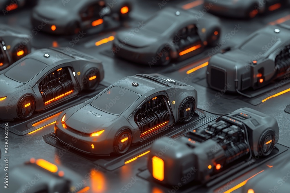 Fototapeta premium A bunch of car battery cells arranged in the shape of an electric vehicle, showing how many vehicles can be designed with one cell.