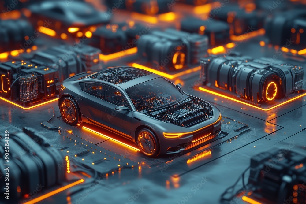 Fototapeta premium A bunch of car battery cells arranged in the shape of an electric vehicle, showing how many vehicles can be designed with one cell.