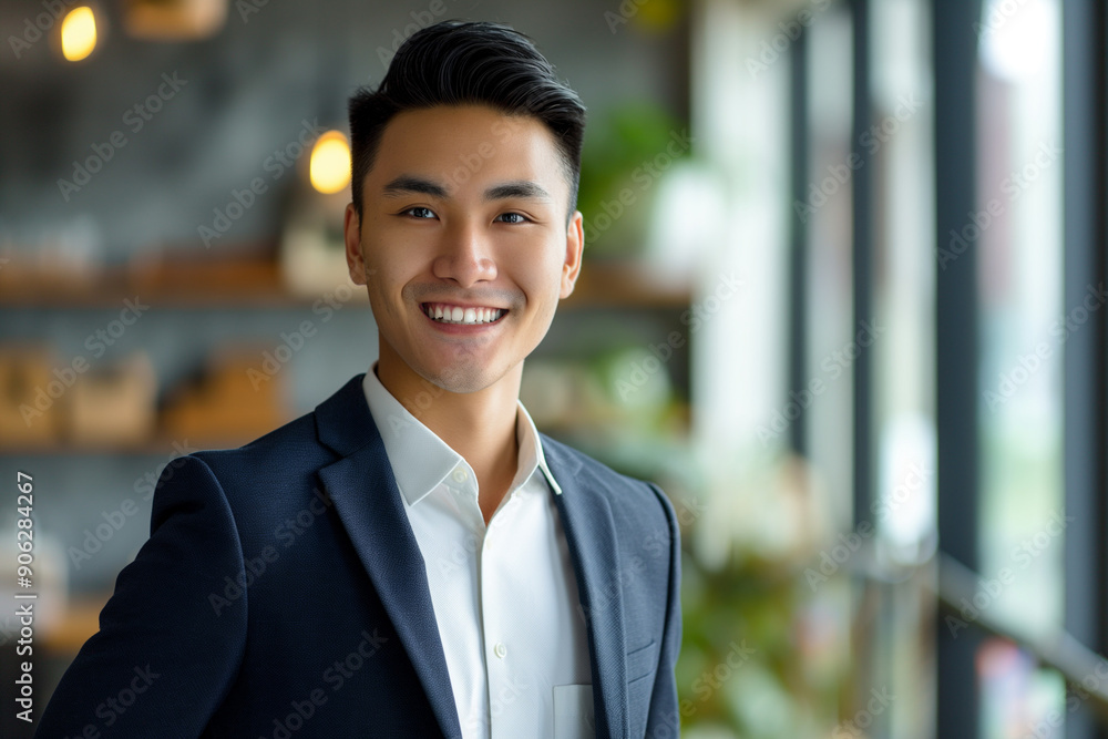 happy young asian businessman in a suit smiling proudly into the camera happy young asian businessman in a suit smiling proudly into the camera