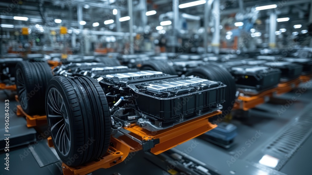 A large number of battery pack cells were arranged in rows on the floor, with each cell mounted to one side or both sides of an electric vehicle's wheel frame A large number of battery pack cells were arranged in rows on the floor, with each cell mounted to one side or both sides of an electric vehicle's wheel frame