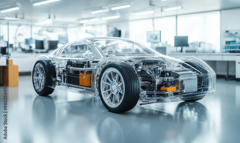 A transparent car is displayed in the laboratory, showcasing its powerricord system and battery cell structure inside it. A transparent car is displayed in the laboratory, showcasing its powerricord system and battery cell structure inside it.