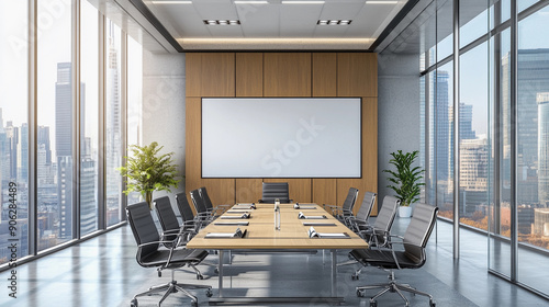 Professional Zoom Background of modern, professional meeting room. with conference table and chairs photo