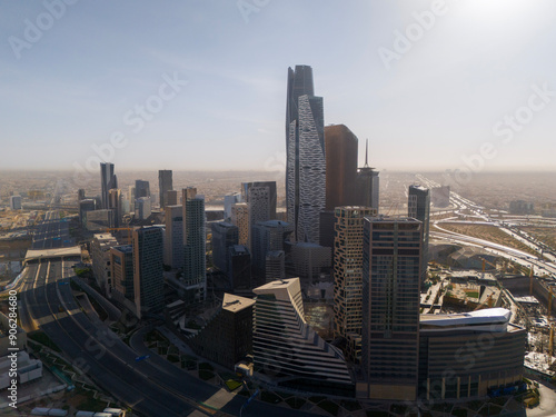 Drone view of KAFD in the morning haze Saudi Arabia Riyadh