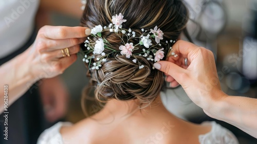 A bride having her hair styled with decorative floral accessories, with a focus on the detailed and delicate work being done photo