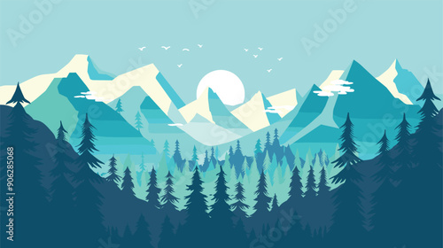 Stylized vector illustration mountain landscape during day. Snowcapped peaks, pine forest below, birds flying, serene mood. Graphic design poster nature scene, cool color palette, tranquil scenery