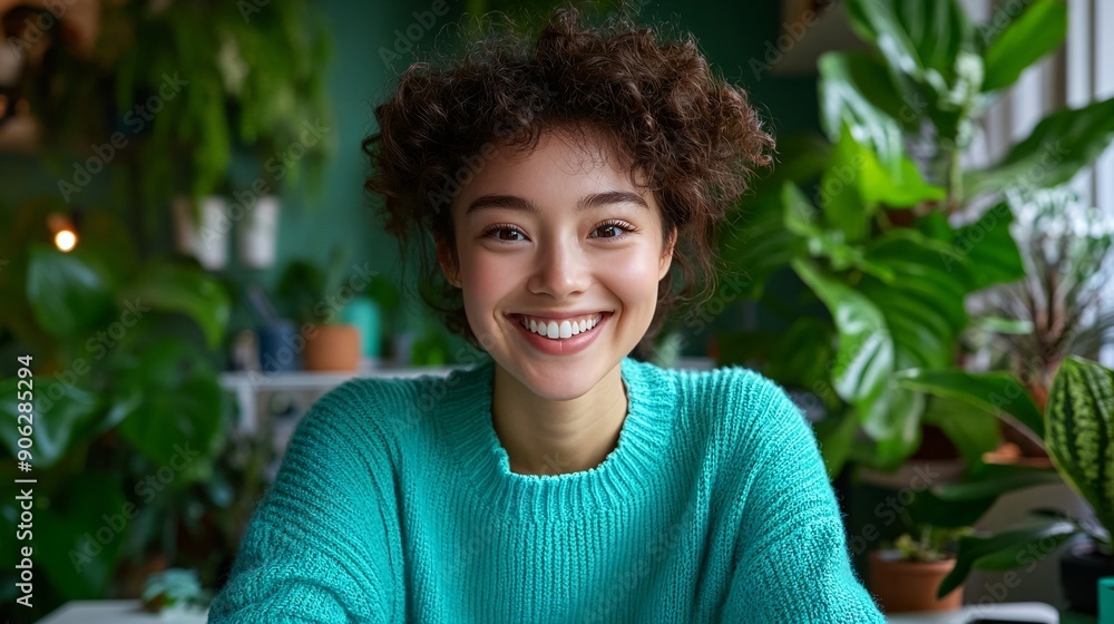 20. A happy Japanese woman with short hair, wearing a light blue sweater, typing on her laptop at a tidy white desk with a few notebooks and a smartphone. The bright office is enhanced by green 20. A happy Japanese woman with short hair, wearing a light blue sweater, typing on her laptop at a tidy white desk with a few notebooks and a smartphone. The bright office is enhanced by green