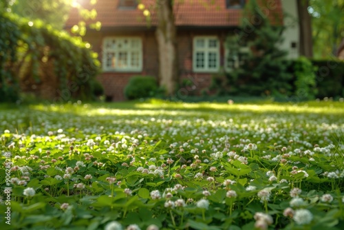 Lush clover lawn with white flowers in front of charming brick house at sunrise