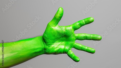 A hand with green paint on it is shown in a white background. The hand is in a position that looks like it is about to give a thumbs up