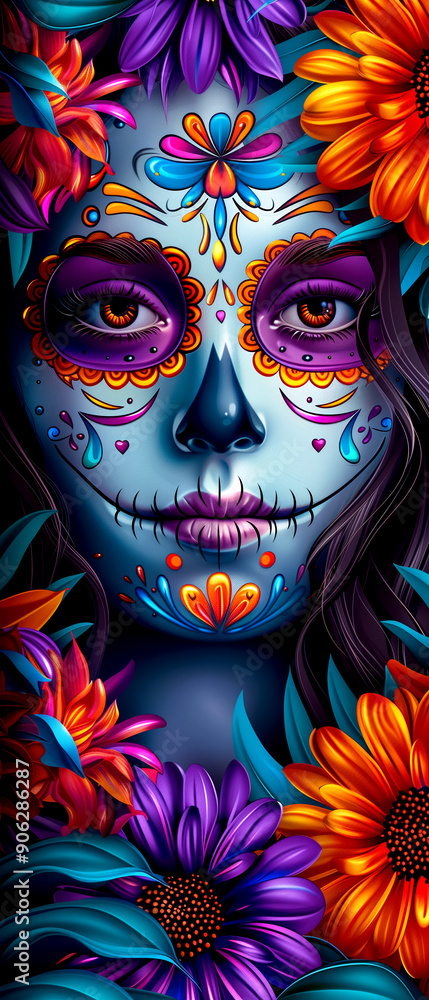 Naklejka premium A woman's face is painted with a skull and flowers. The skull is blue and purple, and the flowers are orange and purple. The painting has a colorful and vibrant feel to it, with the skull