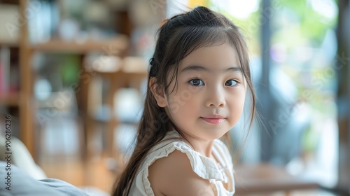 Portrait of beautiful young Asian girl at home : Generative AI