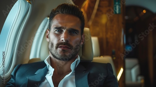 Handsome businessman wearing elegant suit  flying on exclusive private jet  Successful entrepreneur sitting in exclusive business class on airplane concepts about business and trasport : Generative AI photo