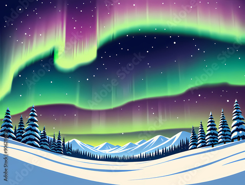 Vector magical aurora borealis over a snowy landscape. Anime clean style. Background design. photo