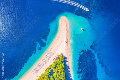 Aerial view of famous croatian beach Zlatni Rat, Island Brac. photo