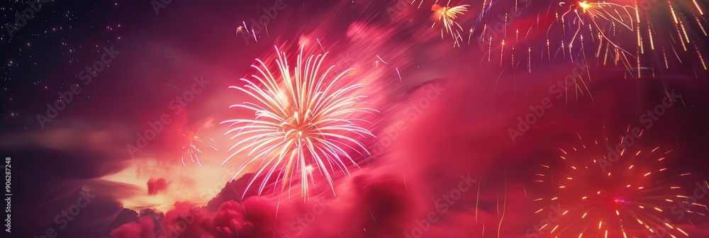 Fototapeta premium Stunning Display of Red Pink and Yellow Fireworks Lighting up the Night Sky