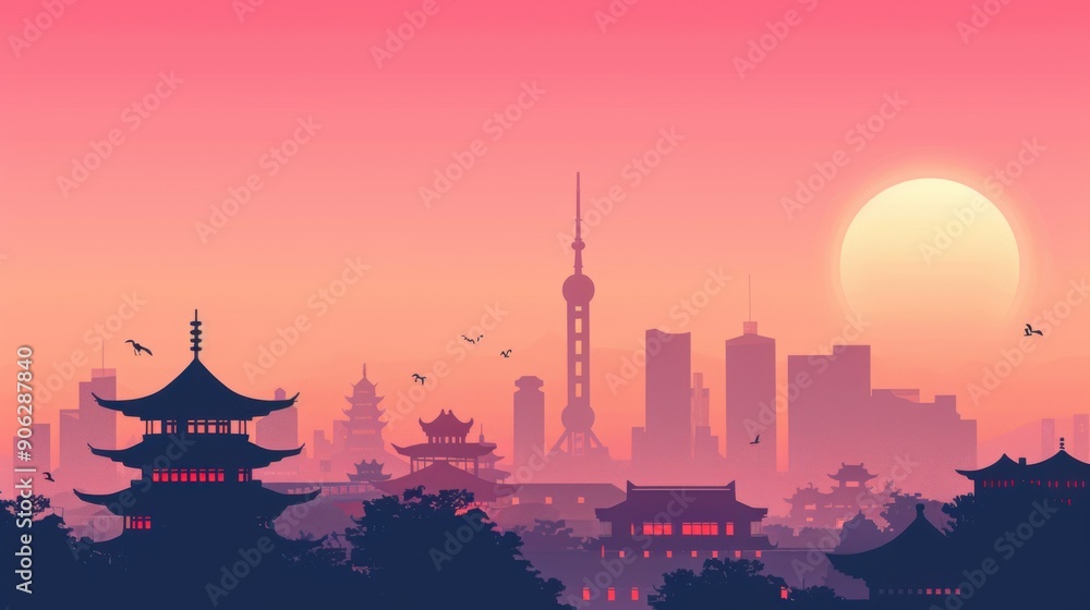 Chinese minimalism illustration, silhouette of a skyline at dusk, flat illustration Chinese illustration on pale pink background, urban setting, empty copy space Chinese minimalism illustration, silhouette of a skyline at dusk, flat illustration Chinese illustration on pale pink background, urban setting, empty copy space