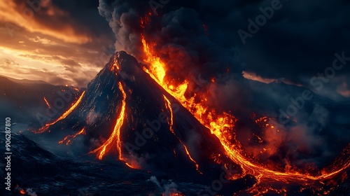 Photorealistic Volcanic Eruption with Molten Lava Flowing and Thick Ash Clouds