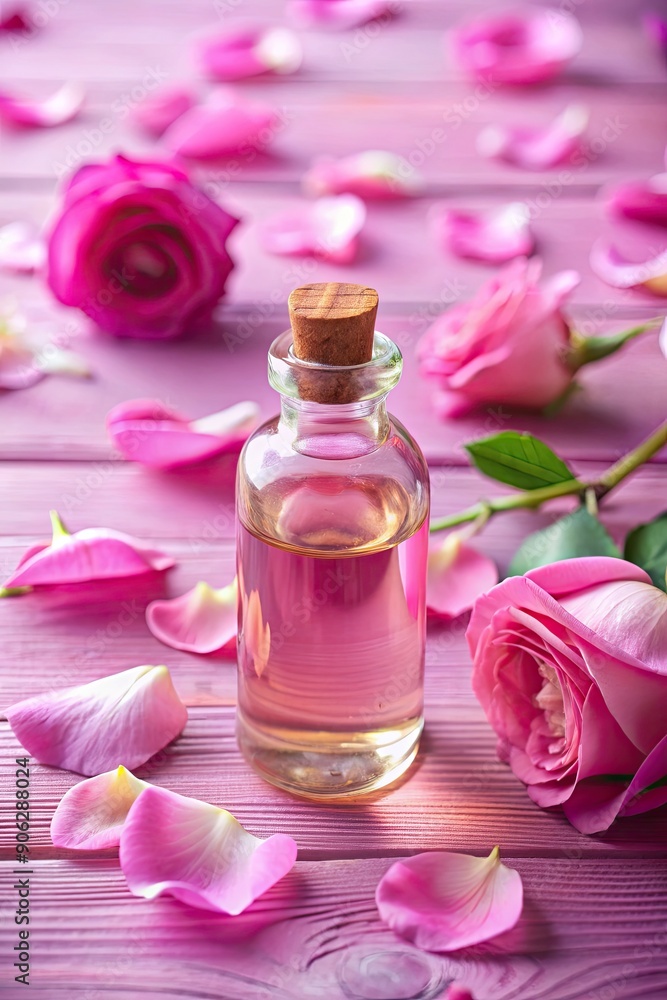 Rose-scented essential oil bottle with pink rose petals. Rose-scented essential oil bottle with pink rose petals.