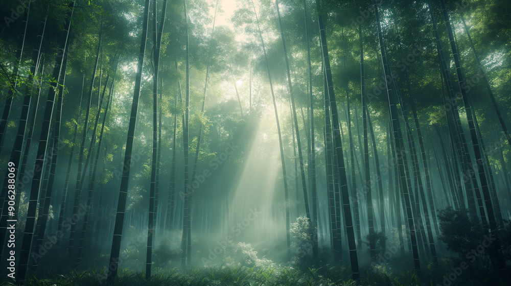 Obraz premium Lush Green Bamboo Forest Under Soft Sunlight With Misty Atmosphere in Early Morning. Generative AI