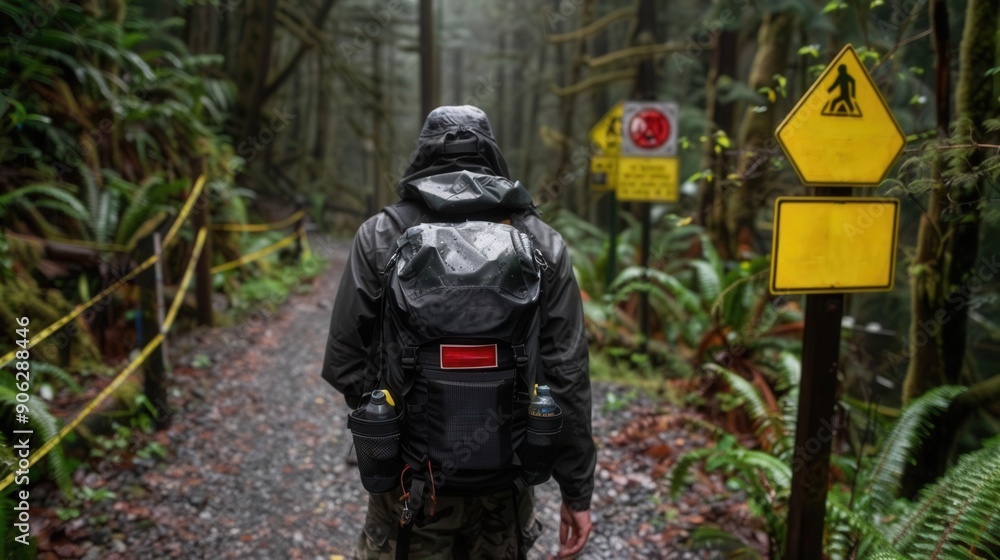 A hiker walking through a dense forest, surrounded by signs warning of wildlife dangers A hiker walking through a dense forest, surrounded by signs warning of wildlife dangers