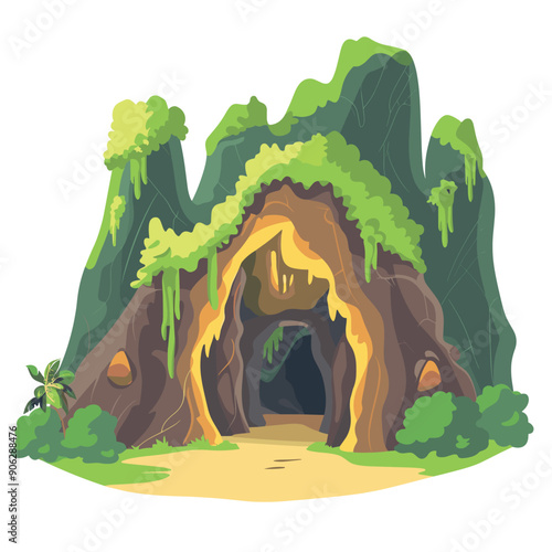 Large cave entrance nestled green mountain, lush vegetation around, mysterious dark interior hints adventure. Tropical cave hanging vines, inviting explorers, hidden dense jungle landscape. Bright