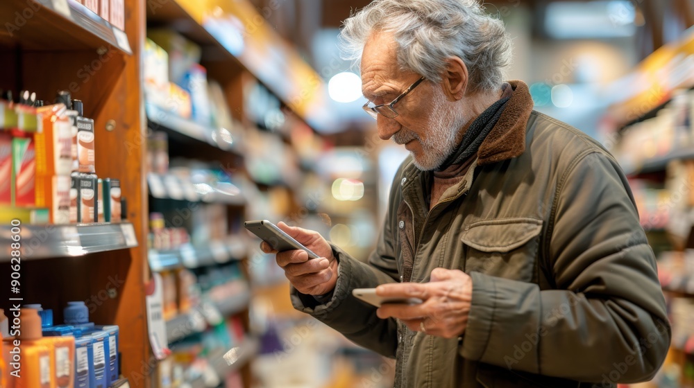 An elderly man checks his phone while shopping for products in an aisle of a local store An elderly man checks his phone while shopping for products in an aisle of a local store
