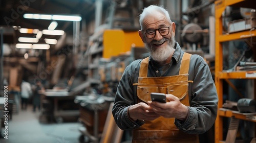 A joyful senior Caucasian man is on his break in the factory workshop using his cellphone and smiling with copyspace : Generative AI