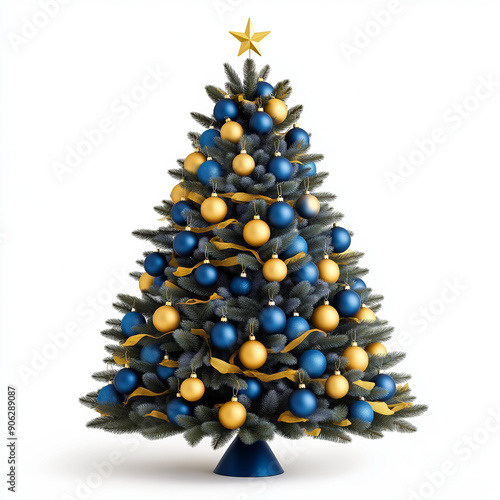 Christmas tree decorated in the colors of the Swedish flag, with blue and yellow ornaments and ribbons, isolated on white  photo