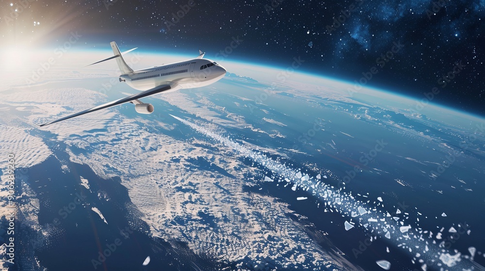 A white airplane is flying through the stratosphere, spraying ice particles from its fuselage. The Earth's horizon is visible in the distance. A white airplane is flying through the stratosphere, spraying ice particles from its fuselage. The Earth's horizon is visible in the distance.