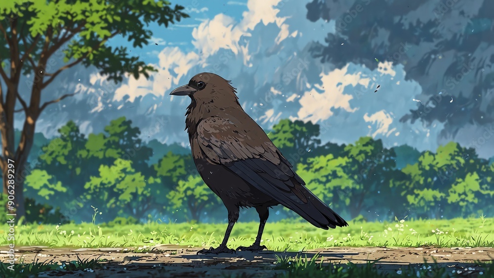 Fototapeta premium crow in nature scene background anime cartooon closeup portrait retro facing forward