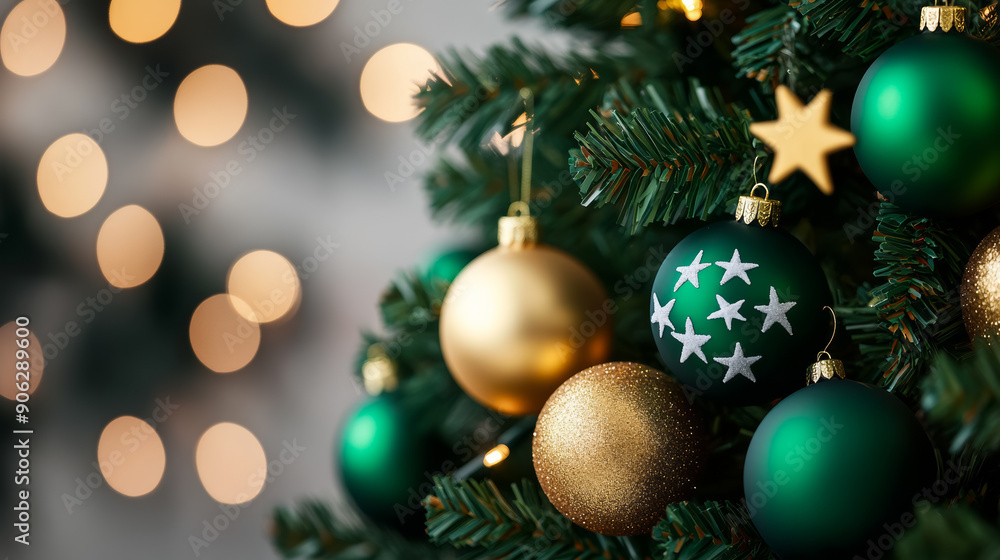 Closeup of a Christmas tree with Australian flag-themed ornaments, green and gold baubles, and stars, white background Closeup of a Christmas tree with Australian flag-themed ornaments, green and gold baubles, and stars, white background