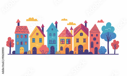 Colorful cartoon style row houses, trees, cheerful urban neighborhood, playful cityscape drawing. Rows whimsical buildings vibrant colors, residential street, happy community town illustration