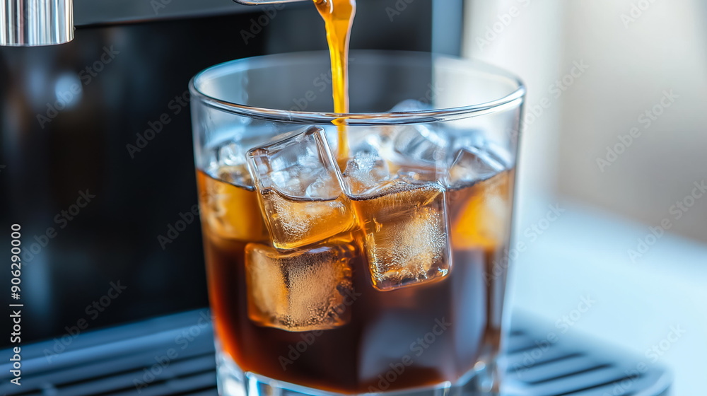 Coffee machine making an iced coffee, close-up of ice cubes in the glass, refreshing vibe Coffee machine making an iced coffee, close-up of ice cubes in the glass, refreshing vibe