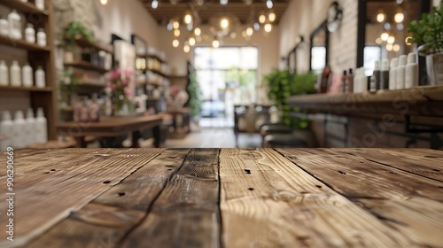empty brown wooden tabletop for product display on blurred beauty and hair salon interior background   Generative AI
