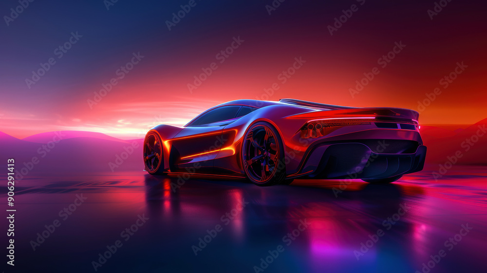 A red sports car is parked on a road in front of a mountain. The car is surrounded by a purple and red background, giving the image a vibrant and energetic feel. Concept of adventure and excitement