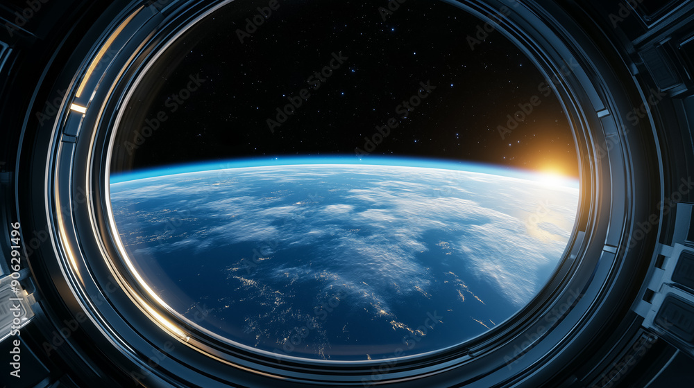 Retro-futuristic space station orbiting Earth, large curved windows showing stars and planets, mid-angle view Retro-futuristic space station orbiting Earth, large curved windows showing stars and planets, mid-angle view