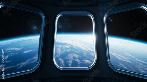 Retro-futuristic space station orbiting Earth, large curved windows showing stars and planets, mid-angle view 