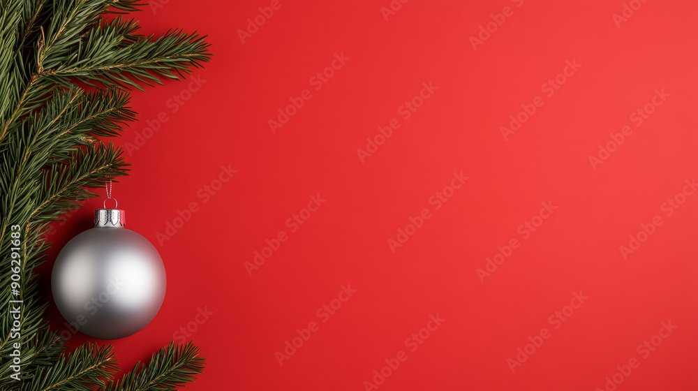 Simple red background with a silver Christmas ornament, pine needles framing the left side, empty space for text Simple red background with a silver Christmas ornament, pine needles framing the left side, empty space for text