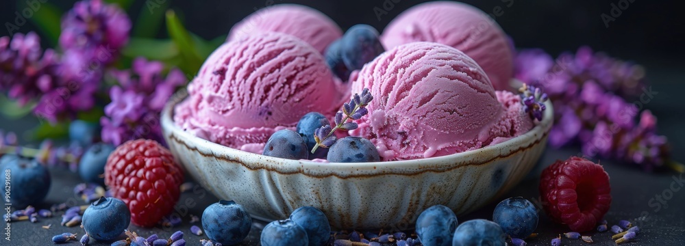 A close-up of a lavender ice cream sundae in a ceramic bowl with blueberries and raspberries A close-up of a lavender ice cream sundae in a ceramic bowl with blueberries and raspberries