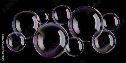 Transparent circle soap bubbles float in bath water, 3D sphere. Rainbow glass ball reflects soap suds. Liquid drops, gradient contrast flare on black wash, design elements for air balloons in wind.
