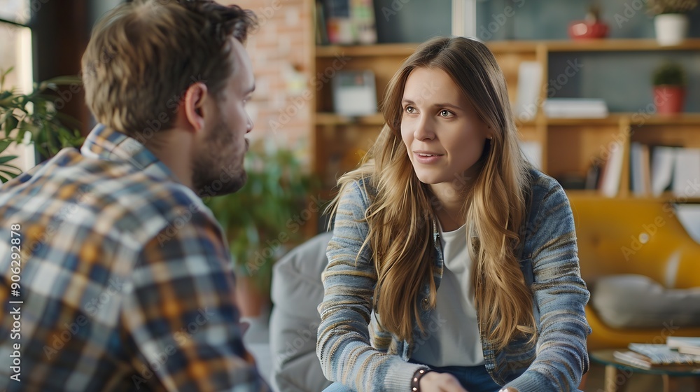Young couple talking about marriage problems sitting at family therapist office during therapy session Male psychologist listening his patients trying to find solution Mental health co : Generative AI