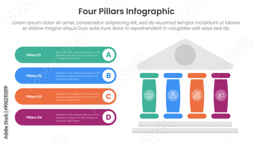 Four pillars framework with ancient classic construction infographic with 4 point stage template with right pillars and round rectangle description box for slide presentation