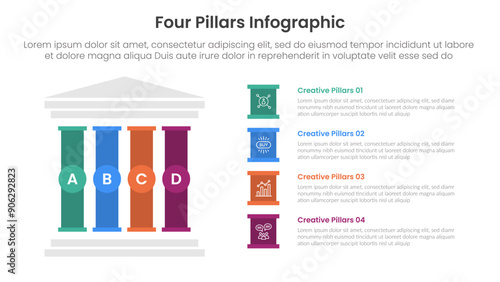 Four pillars framework with ancient classic construction infographic with 4 point stage template with left column and creative box description for slide presentation